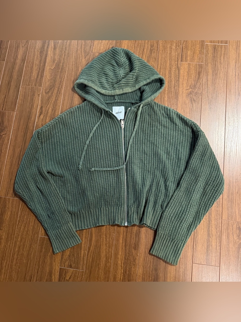 Aerie Knitted Zip-Up Hooded Sweater - Olive Green size S oversized